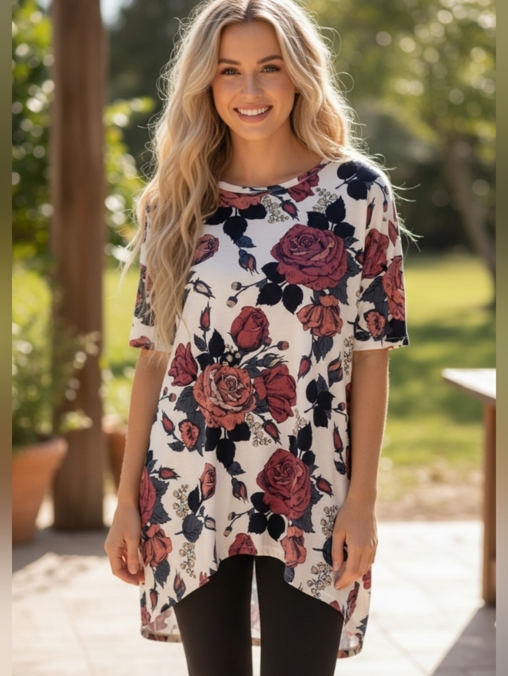 NWOT LuLaRoe Irma White Relaxed Fit Tunic with Rose Print